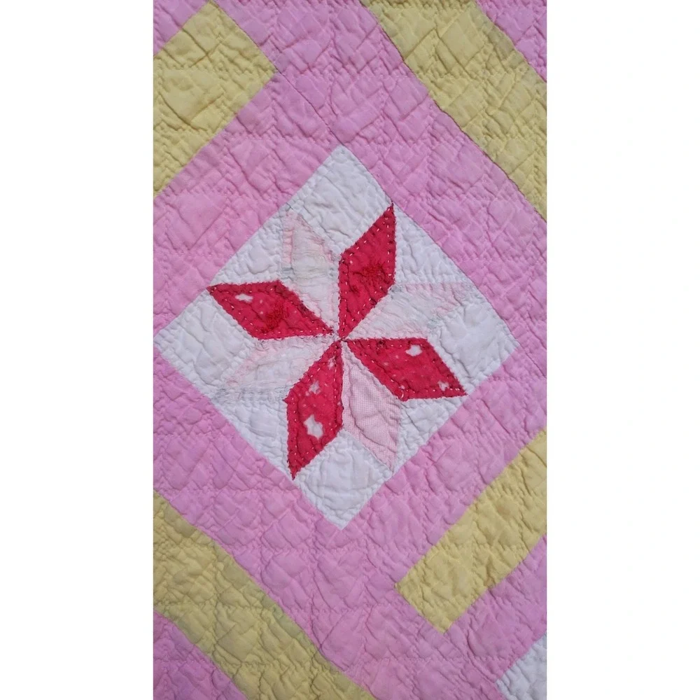 Vintage Friendship Star Quilt‎ Hand Quilted Pink Yellow Patchwork 64x75 Cottage